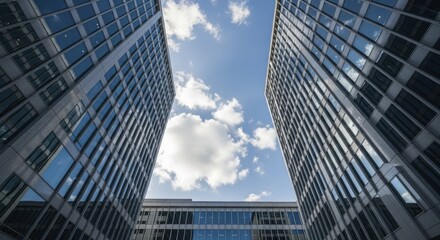Obraz premium Modern glass and steel office towers converge toward a bright blue sky with scattered clouds