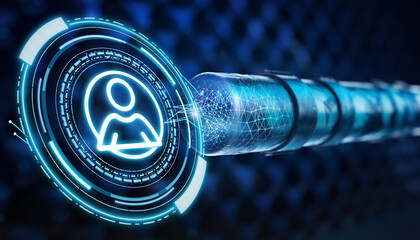 Digital Identity and Connectivity: A futuristic digital interface depicts the seamless integration of a profile icon with a network conduit, symbolizing data flow and virtual connectivity.
