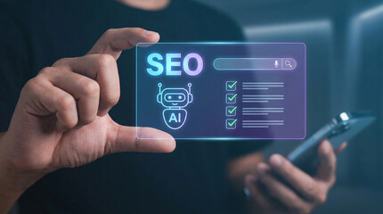 Hand Holding a Glowing Transparent Screen Featuring Seo and Ai Technology