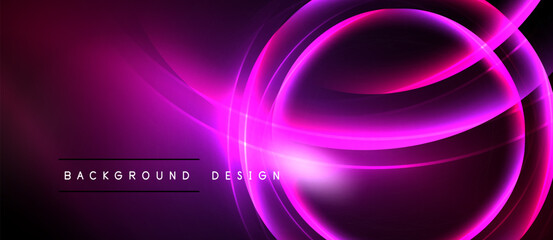 Abstract purple neon lines form circular shapes. Dark background emphasizes bright glowing curves, modern design element.
