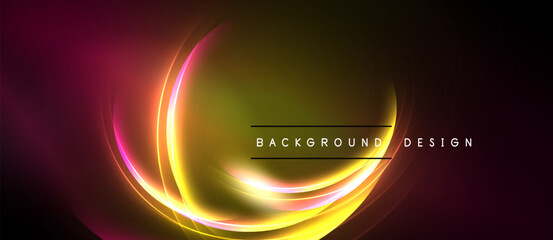 Abstract neon glow, vibrant colors blend. Dynamic curves create modern background design. Smooth gradients, dark edges enhance visual impact.