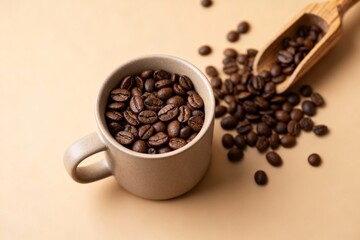 Obraz premium Realistic Concept Image of Coffee Beans and Cup Flatlay