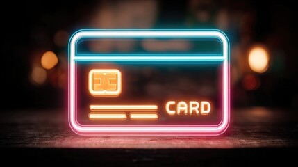 Neon credit card icon with glowing lines, chip detail, and payment visuals for business, e-commerce, and digital financial transaction concepts