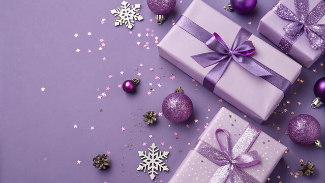 Purple themed gift boxes and ornaments create a festive atmosphere for holiday celebrations