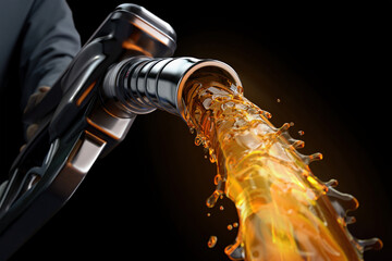 Fuel gushing from a chrome pump nozzle, energy and gasoline concept