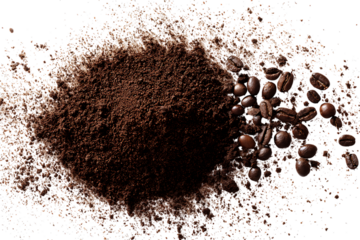 The Essence of Coffee: The image captures the aromatic essence of coffee, with a rich mound of finely ground coffee blending seamlessly with the darker, roasted coffee beans.