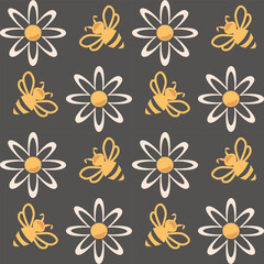Seamless bee and flower pattern on dark background