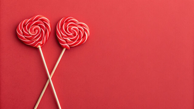 Lollipops shaped like hearts placed on a vibrant red background create a cheerful and playful atmosphere for any celebration