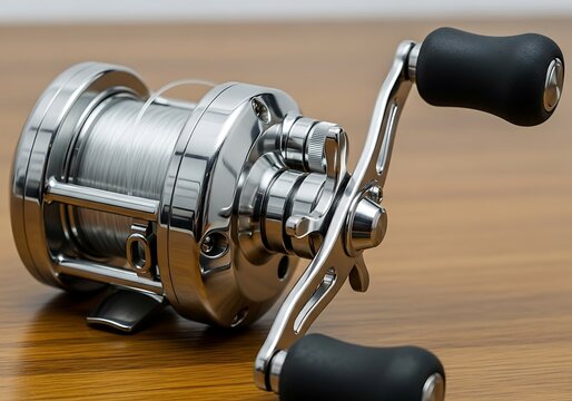 Fishing Reel Silver Baitcasting Reel Close-up, Fishing Equipment