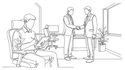 Continuous Line Office Worker Illustrations – Typing on Tablet, Stylus Use, Handshake Gesture in Modern Workplace