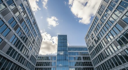 Modern glass and steel office buildings rise toward a partially cloudy blue sky