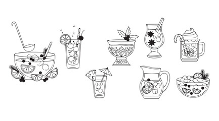 Collection of festive holiday drinks and punch bowl in a charming silhouette style