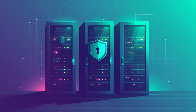 A flat 2D server rack with padlocks on each unit and a floating digital shield symbolizing strong security