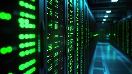 A high-tech server room with rows of illuminated green data servers, showcasing modern data storage and processing capabilities.