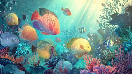 Obraz premium Colorful fish gliding through sunlit ocean coral in a digital painting
