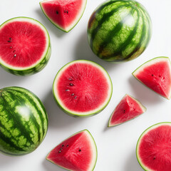 AI-generated image - A vibrant arrangement of fresh, ripe watermelons, both whole and neatly sliced into halves and wedges, displayed against a clean white background.