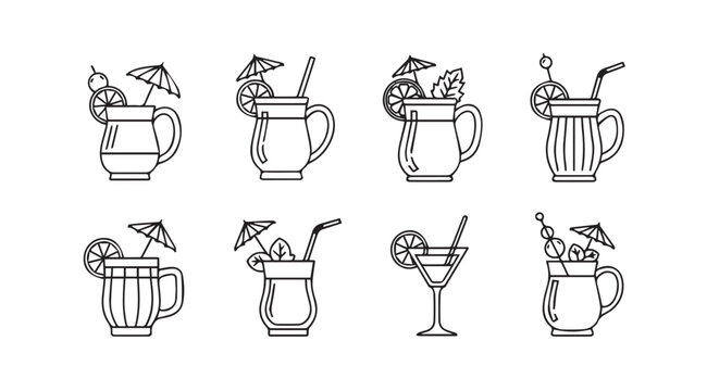 Collection of various tropical cocktails and drinks in silhouette style