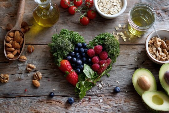 Colorful heart-healthy foods arranged into a fresh heart design