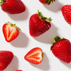 AI-generated image - A collection of fresh, ripe red strawberries, whole and halved, scattered against a clean white background. 