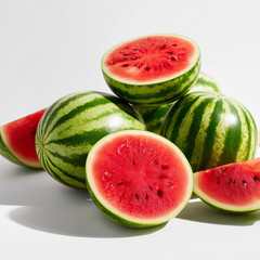 AI-generated image - Fresh, ripe watermelons whole and sliced on a white background, highlighting the vibrant red flesh and green striped rind. 