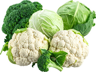 Fresh Broccoli Cauliflower and Cabbage Vegetable Assortment Isolated on Background