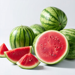 AI-generated image - Fresh, ripe watermelons whole and sliced on a white background, highlighting the vibrant red flesh and green striped rind. 