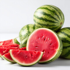 AI-generated image - Fresh, ripe watermelons whole and sliced on a white background, highlighting the vibrant red flesh and green striped rind. 