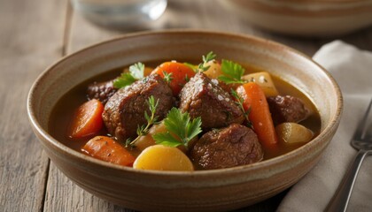 Hearty meat and vegetable stew illustrates slow food movement and shared family meals in autumn