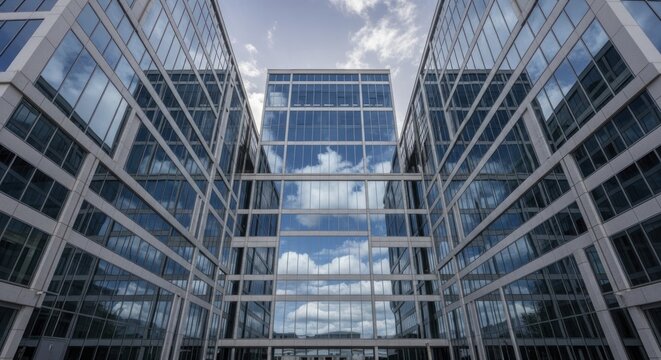 Modern glass facade buildings reflect dramatic sky and clouds creating geometric patterns