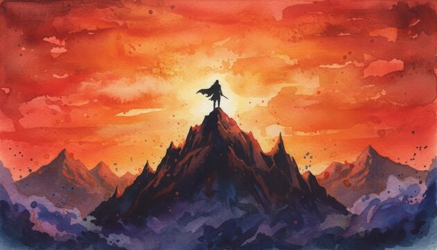 Lone wanderer stands on jagged mountain peak at fiery sunset symbol of inner journey ambition and epic fantasy adventure