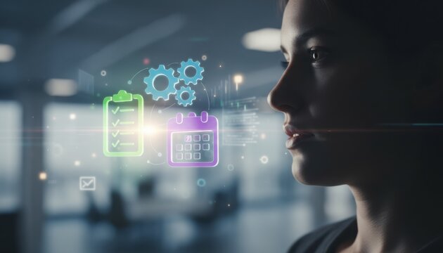 Future office planning with woman using digital automation icons for schedule, checklist and workflow productivity