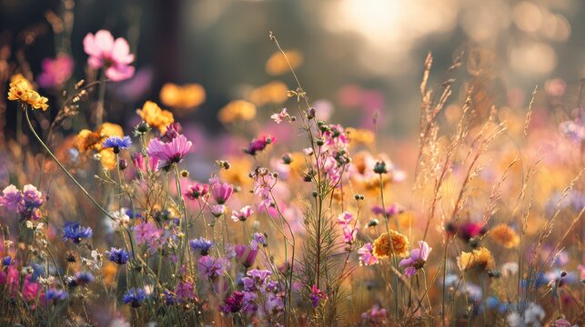 Colorful summer meadow banner with sunlit flowers and gentle bokeh for greeting cards and invitations