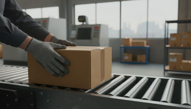 Gloved worker positions cardboard parcel on conveyor belt in bright warehouse symbolizing global ecommerce logistics and festive holiday shopping deliveries