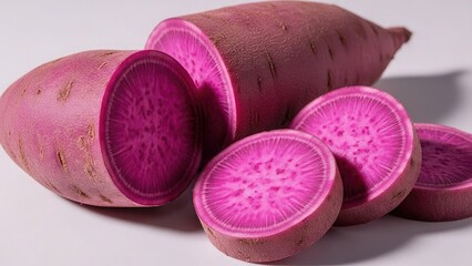 Vibrant purple sweet potatoes sliced to reveal their striking color, a healthy and delicious root vegetable.