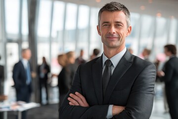 Confident professional man with arms crossed at a corporate work function, with colleagues in the background
