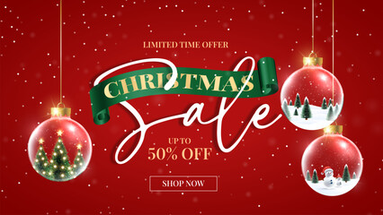 Merry Christmas sale promotion poster banner with product display and festive decoration light background. Christmas special sale and offer unit with snowflakes and snowman.