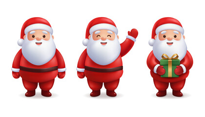 Cute Santa Claus Character Set with Christmas Poses and Gift – Festive Holiday Illustration