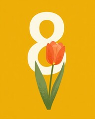 A flower with a stem is in front of the number 8