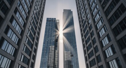 Fototapeta premium Tall modern skyscrapers create a dramatic canyon effect against bright sunlight filtering between them