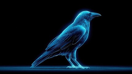 Neon crow or raven glowing outline, dark mysterious bird silhouette with electric blue neon highlights, futuristic digital wildlife art for gothic design themes