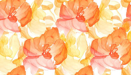 Seamless Watercolor Floral Pattern with Abstract Orange and Yellow Flowers and Alcohol Ink Effect