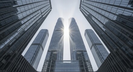 Multiple towering skyscrapers converge toward a bright sun flare in the upper center of the frame.