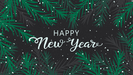 Happy New Year greeting card with pine branches and falling snow