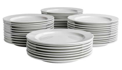 Four stacks of plain, white ceramic plates