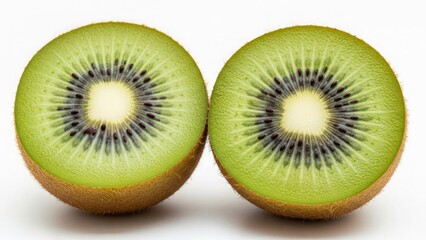 Vibrant halved kiwifruit revealing juicy green flesh and black seeds against a clean white background.