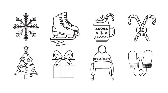 Collection of winter holiday icons in a distinctive silhouette style