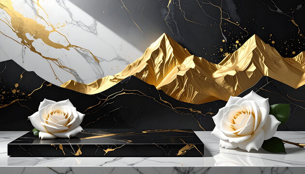 A bouquet of white roses with gold leaves and a black background
