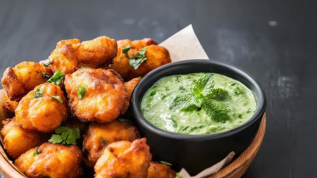Crispy fried cauliflower fritter with green herb dipping sauce and mint yogurt dip savory