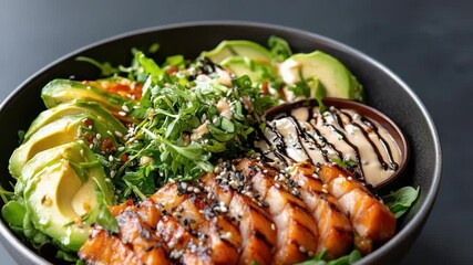 Grilled salmon and avocado salad bowl with arugula greens, sesame and creamy sauce - Powered by Adobe