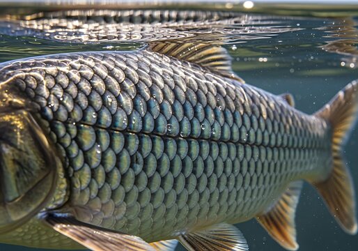 Close-up of silver carp fish in water, aquatic wildlife